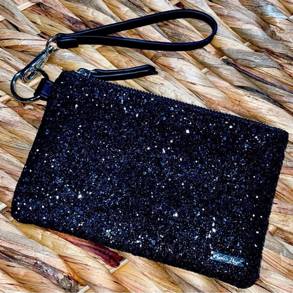 NEW Charlie Paige Blk Glitter Sparkle Wristlet Slim Pouch Zip Top